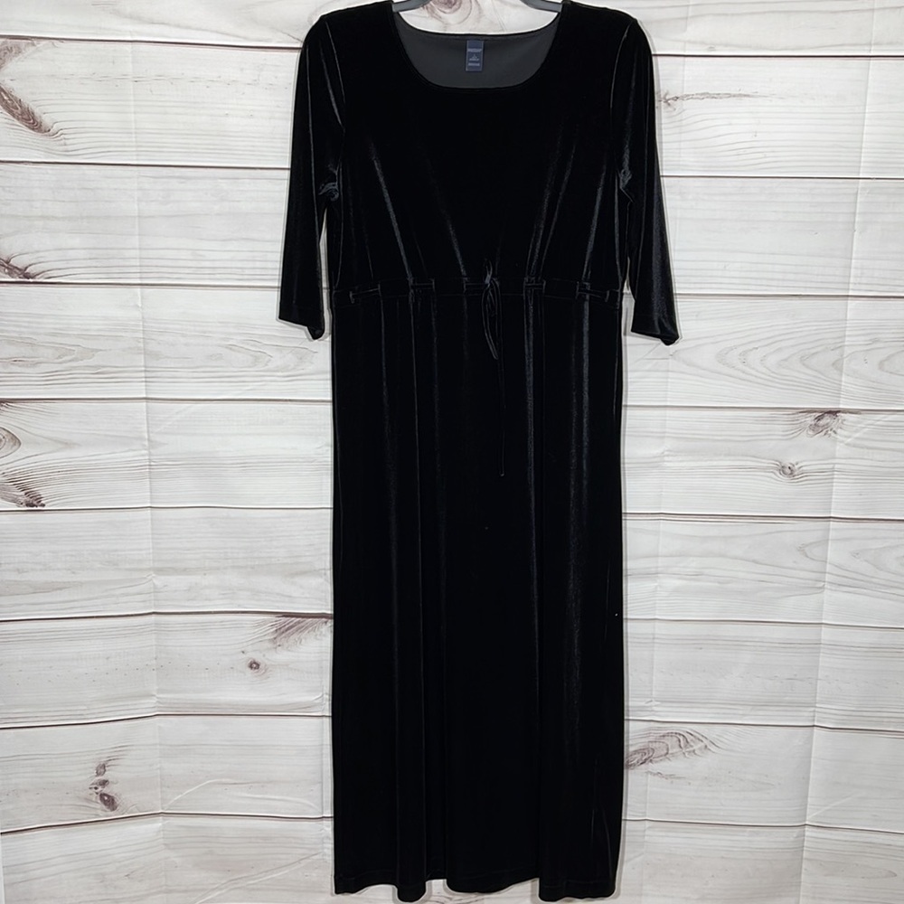 Long Black Velour 90's Dress 3/4 Sleeves Empire Style with Drawstring Size 14/16 - Picture 4 of 8